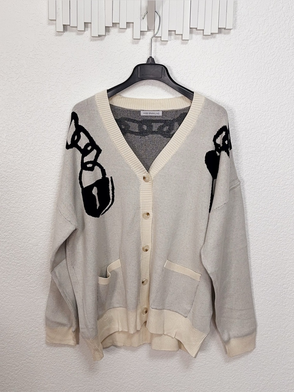 Miss Sparkling Lock Key Chain Graphic Oversized Button Front Knit Cardigan